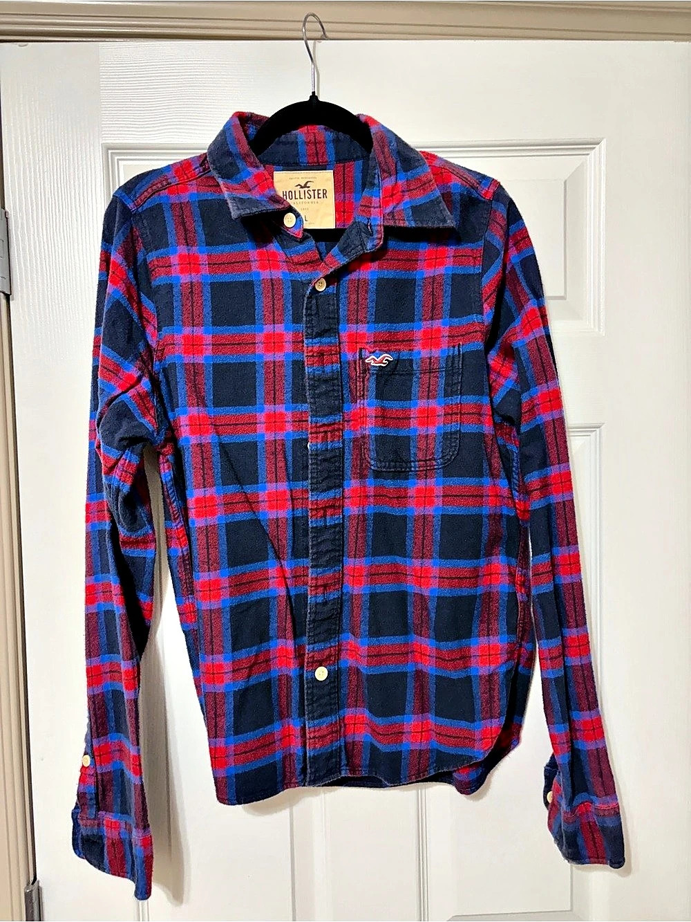 Hollister Icon Flannel Shirt Plaid Blue & Red Size Large